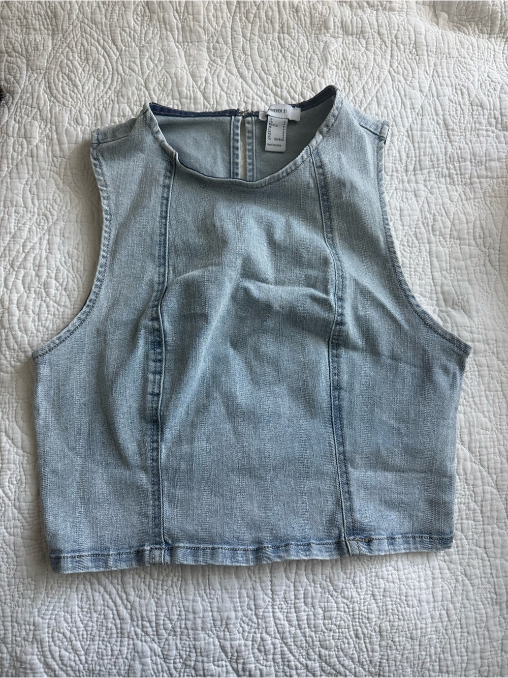 Forever 21 Light Wash Denim High Neck Crop Top